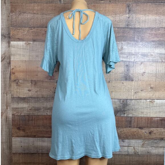 LA Made Flounce Sleeve Tee Shirt Dress Open Back Tie Neck Aqua Blue Size Small - Picture 5 of 9